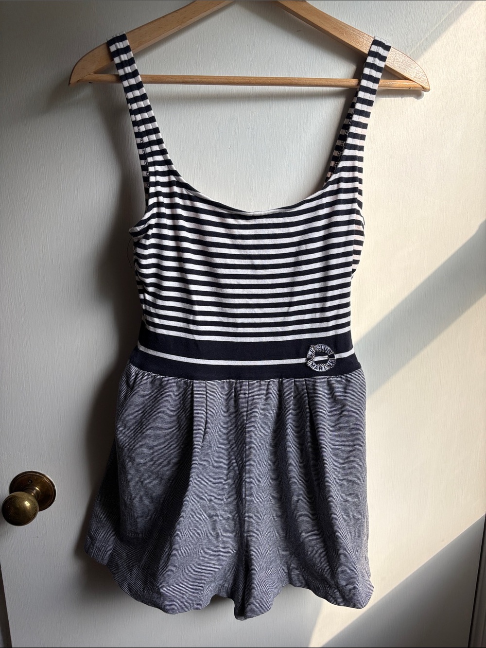 Vintage one piece swimsuit Nautical Navy and White Striped Swim Romper